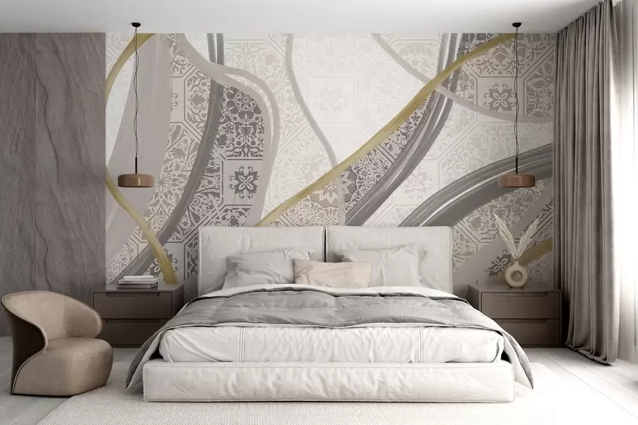 wall murals Апстрактна слика са геометријским шарама и закривљеним линијама у беж, сивој и жутој боји w08837