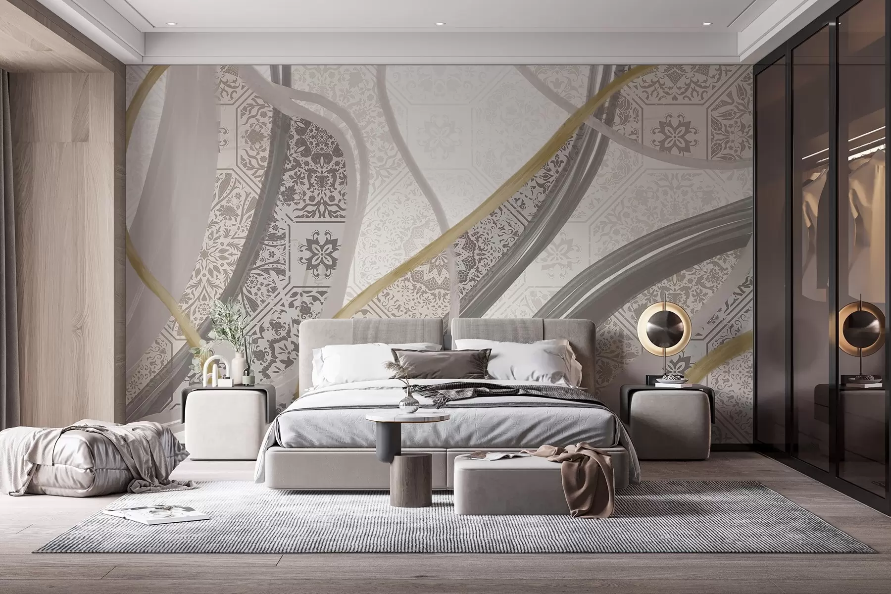 wall murals Апстрактна слика са геометријским шарама и закривљеним линијама у беж, сивој и жутој боји w08837