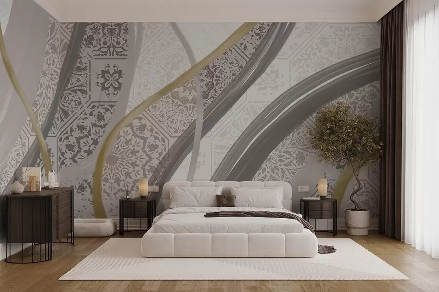 wall murals Апстрактна слика са геометријским шарама и закривљеним линијама у беж, сивој и жутој боји w08837