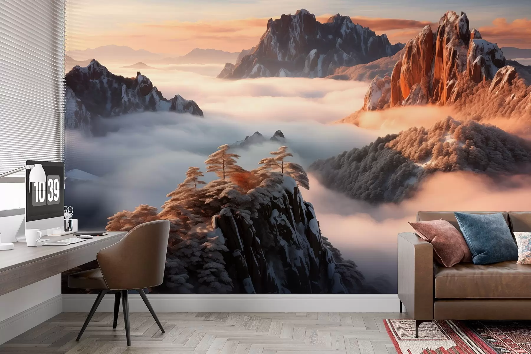 wall murals Шармантан планински пејзаж са маглом и дрвећем w08807