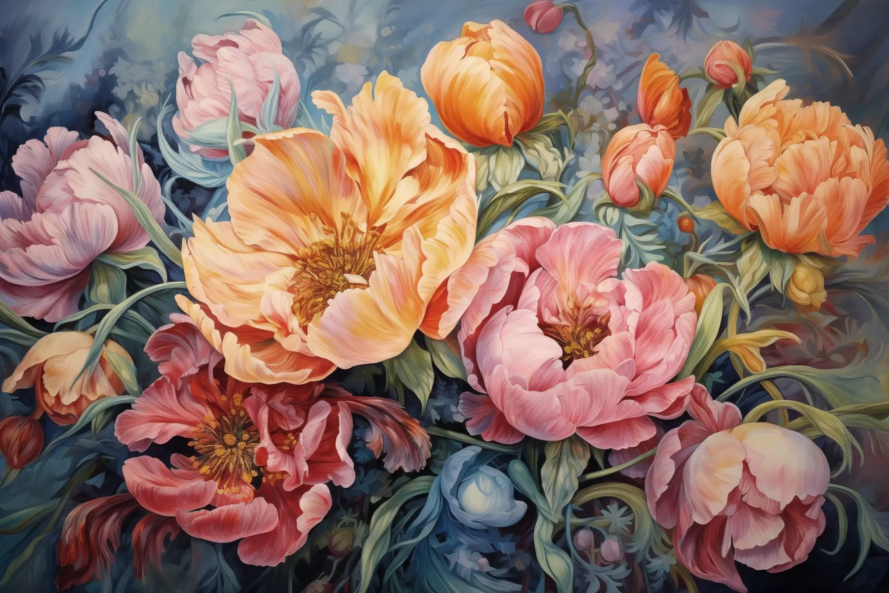 wall murals Тулипани и божури, цветна композиција у стилу уљаних потеза w08817