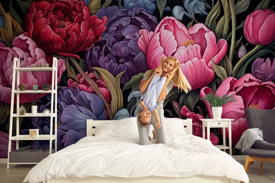 wall murals Лале и божури у викторијанском стилу, у розе и љубичастим бојама w08818