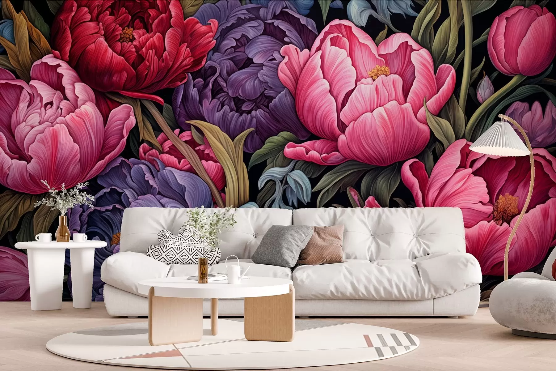 wall murals Лале и божури у викторијанском стилу, у розе и љубичастим бојама w08818