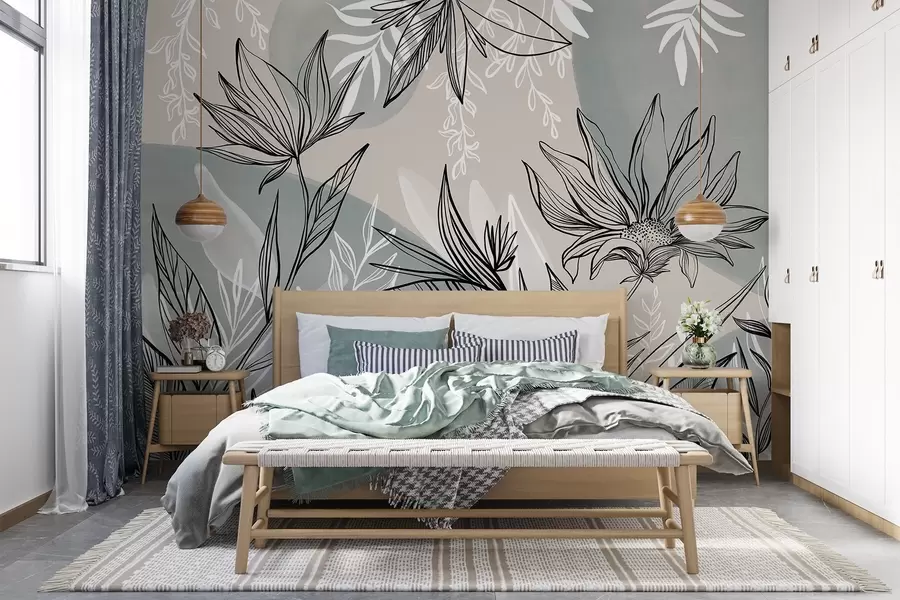 wall murals Уметност цветних линија са великим листовима и цветовима, на позадини беж и плавих акварела  w08865