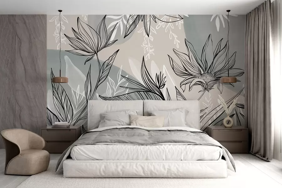 wall murals Уметност цветних линија са великим листовима и цветовима, на позадини беж и плавих акварела  w08865
