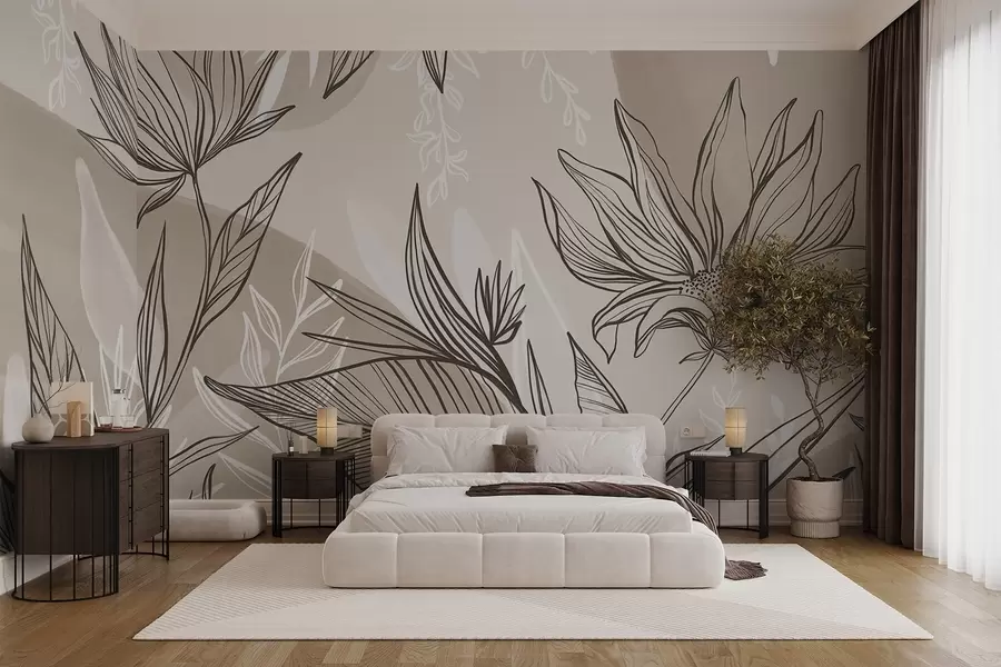 wall murals Уметност цветних линија са великим листовима и цвећем, на позадини беж акварела  w08865v1