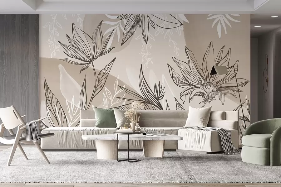 wall murals Уметност цветних линија са великим листовима и цвећем, на позадини беж акварела  w08865v1