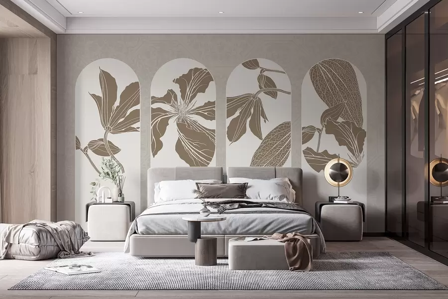 wall murals Елегантни лукови са цветним дезенима у беж и белој боји, на текстурираној беж позадини, минималистички стил w08866