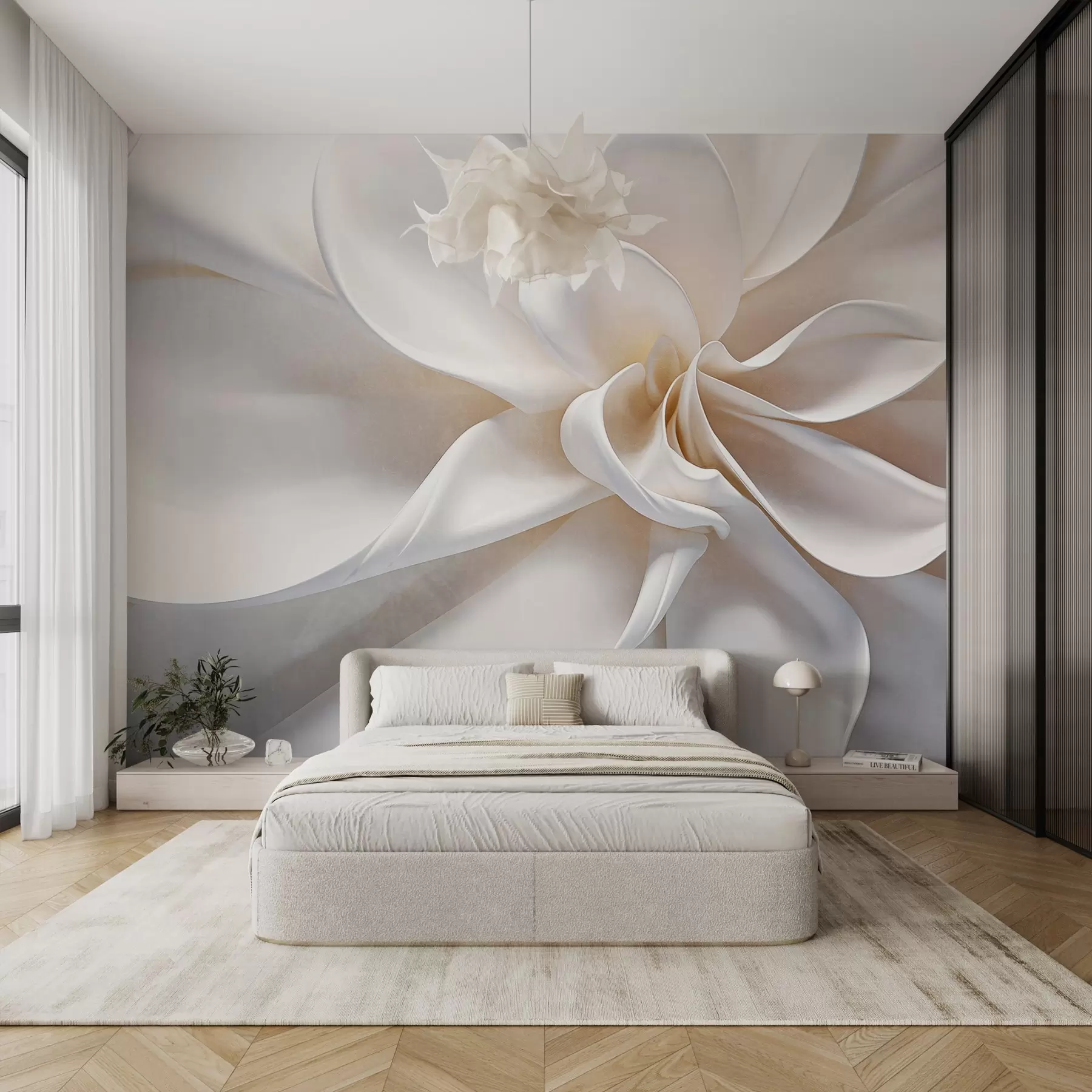 wall murals Минималистички цвет беле пастелне текстуре са меким латицама, лаган и прозрачан, на белој позадини w08868