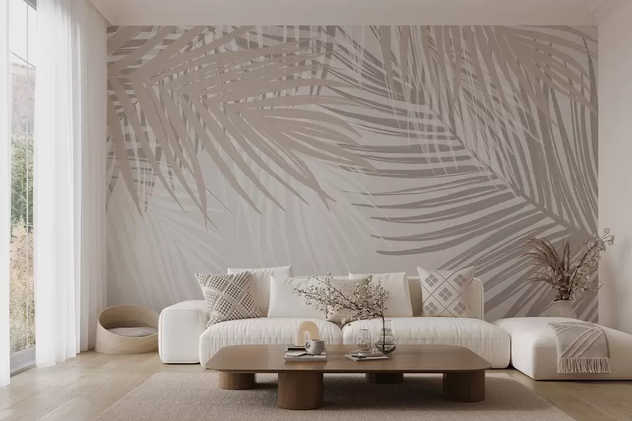 wall murals Палмино лишће у светло беж и белим тоновима, тропско лишће, нежне пастелне боје, минималистички дизајн w08869