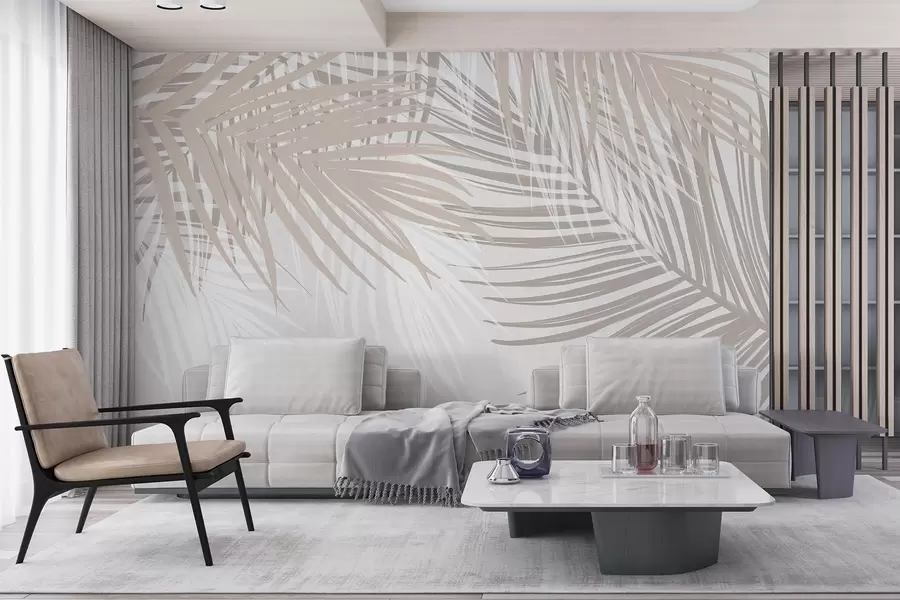 wall murals Палмино лишће у светло беж и белим тоновима, тропско лишће, нежне пастелне боје, минималистички дизајн w08869