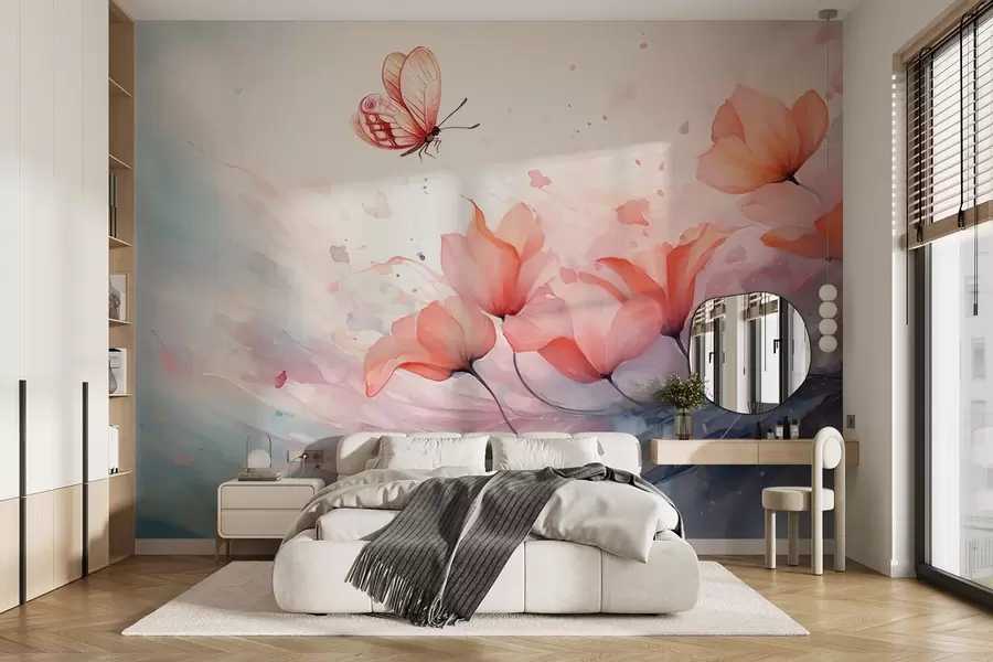 wall murals Нежни макови са лептиром у стилу акварела w08849