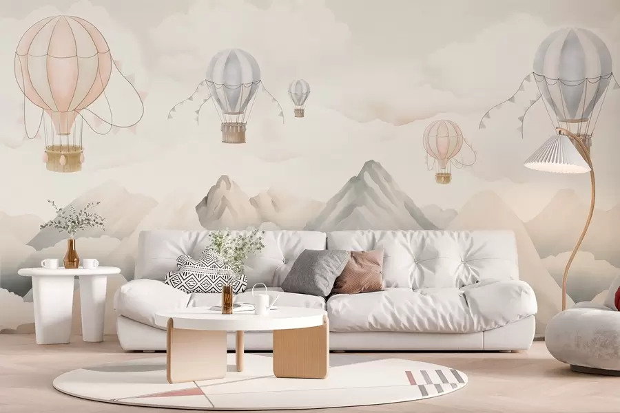 wall murals Балони на врући ваздух који лебде изнад планина у неутралним, меким пастелним тоновима w08853