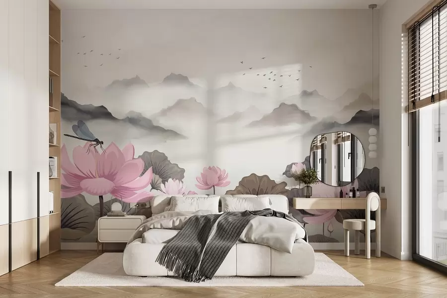 wall murals Планине са птицама у стилу акварела, са локвањима и вретенцима у првом плану w08872