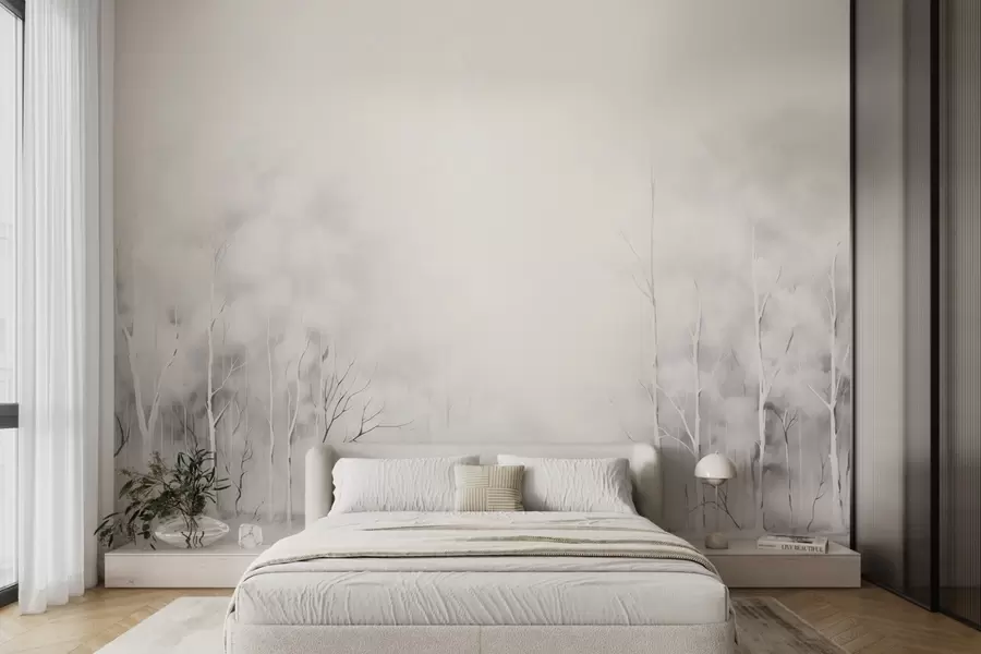 wall murals Дрвеће у магли у стилу акварела на топлој позадини w08875