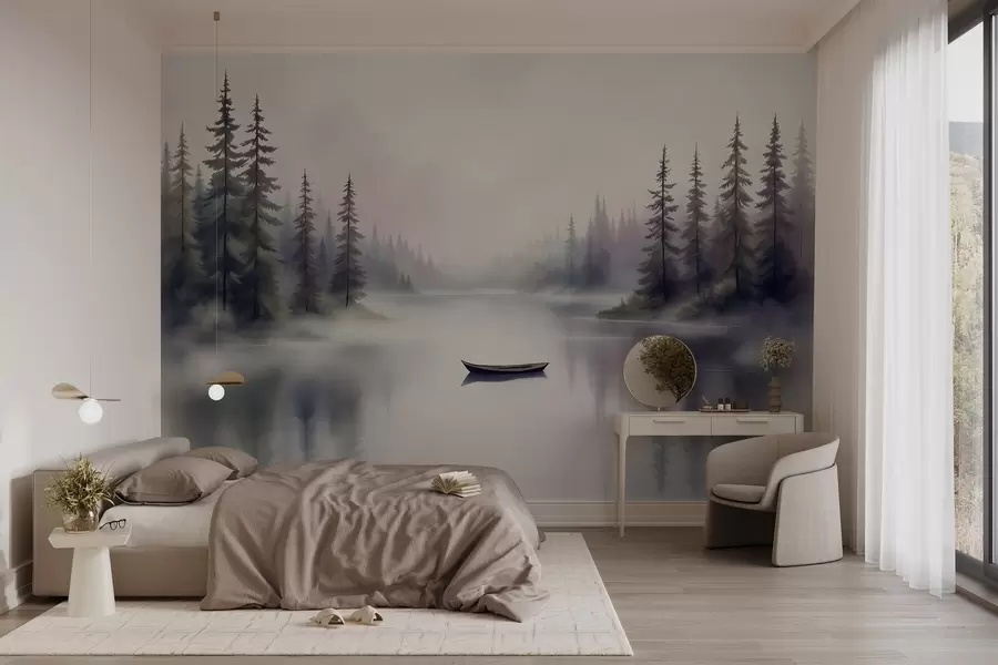 wall murals Акварел пејзаж са чамцем на језеру w03333