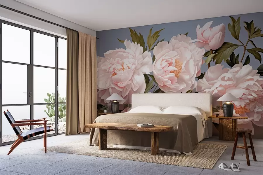 wall murals Нежни ружичасти божури са листовима на плавој позадини w08882