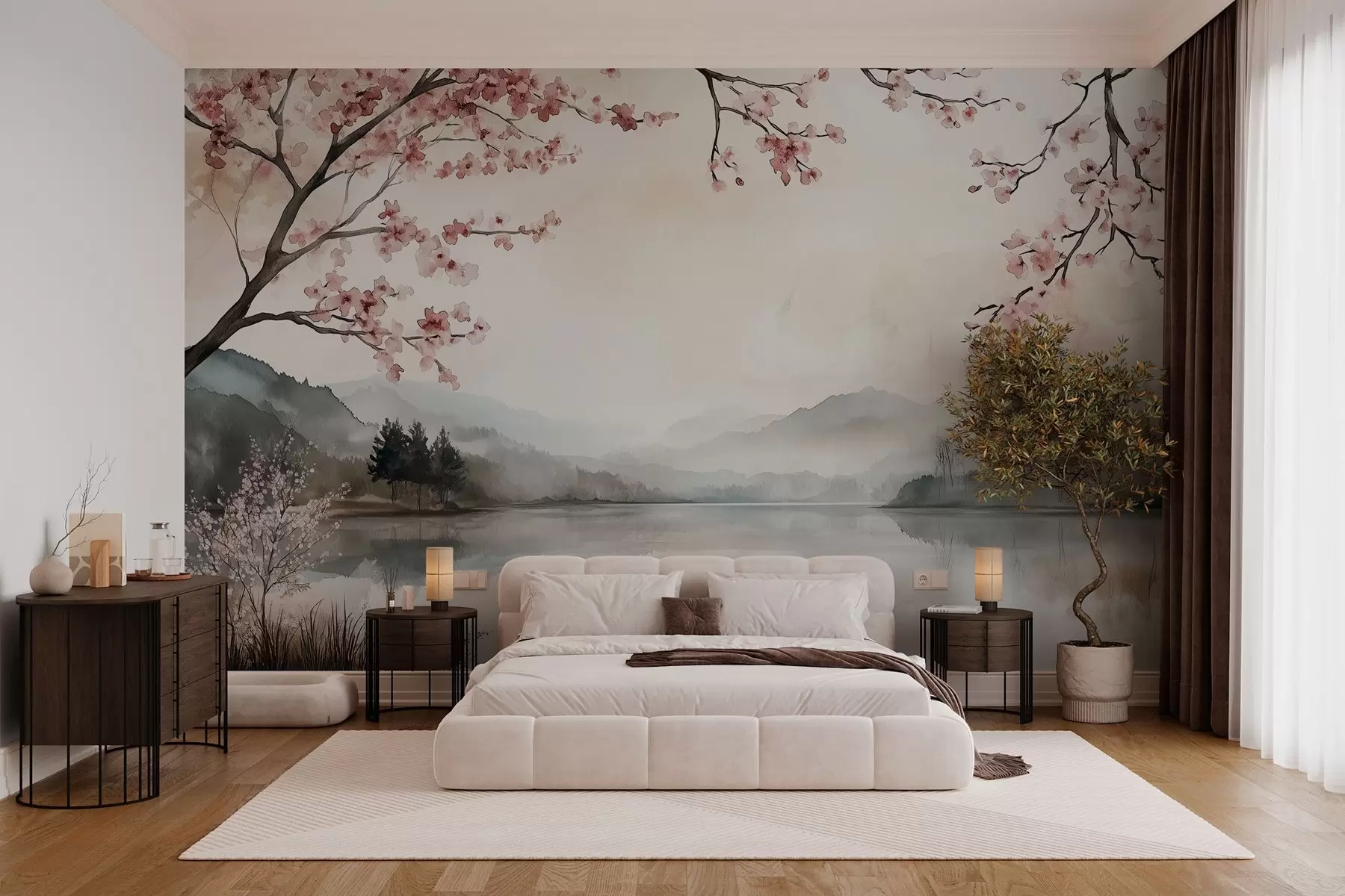 wall murals миран акварел пејзаж са језером и цветним дрветом w03282