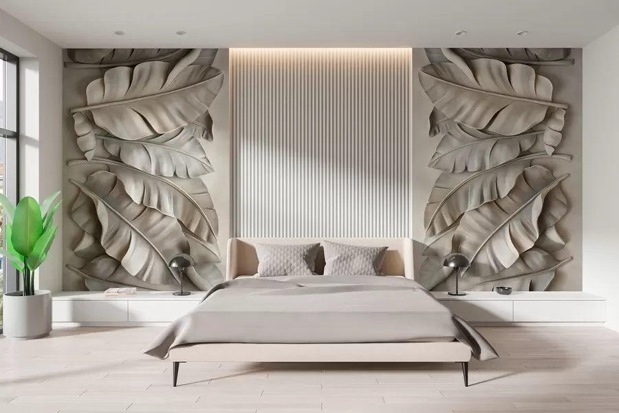 wall murals имитација барељефа са тропским листовима у беж тоновима w03285