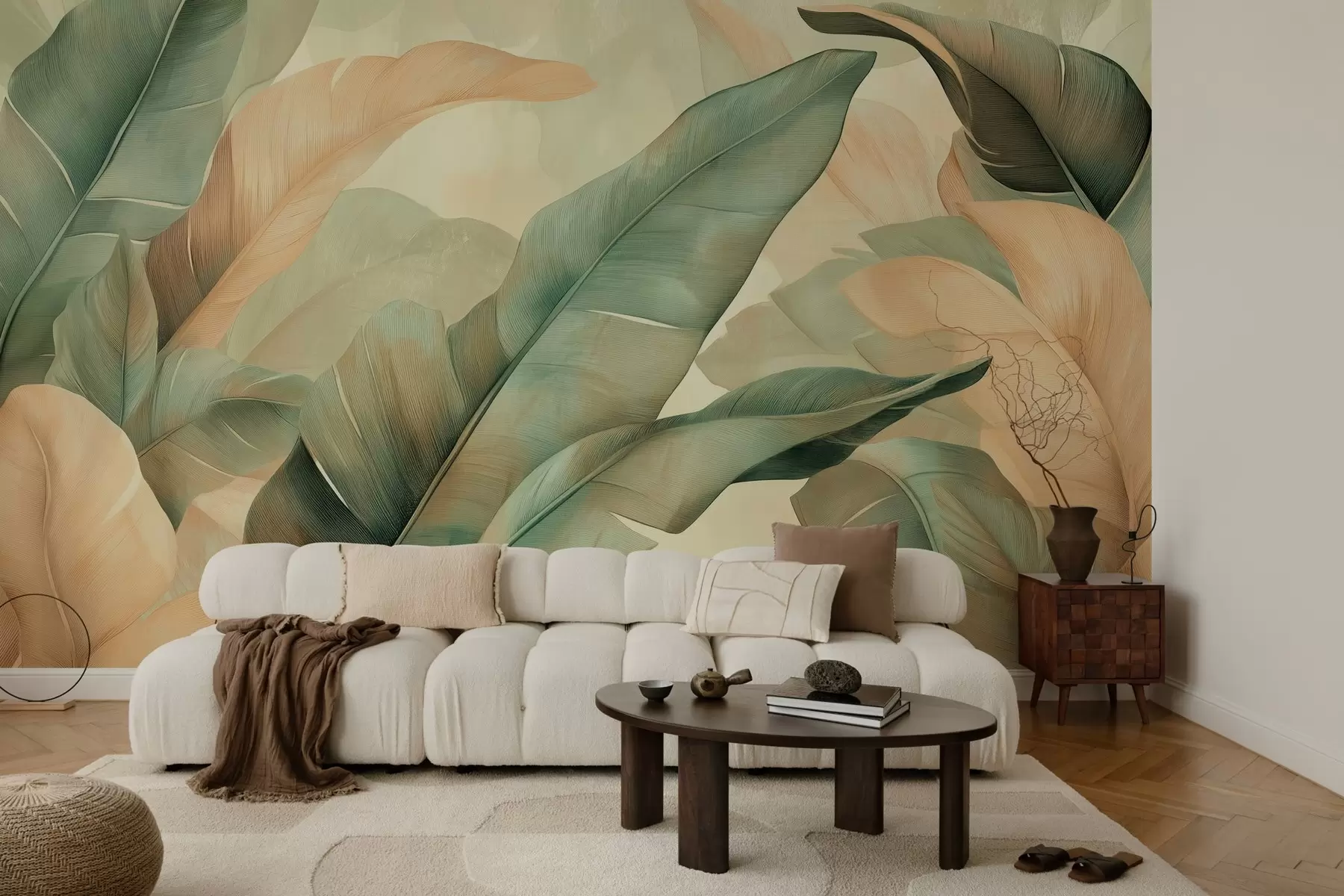 wall murals велико тропско лишће у нијансама зелене и брескве w03286