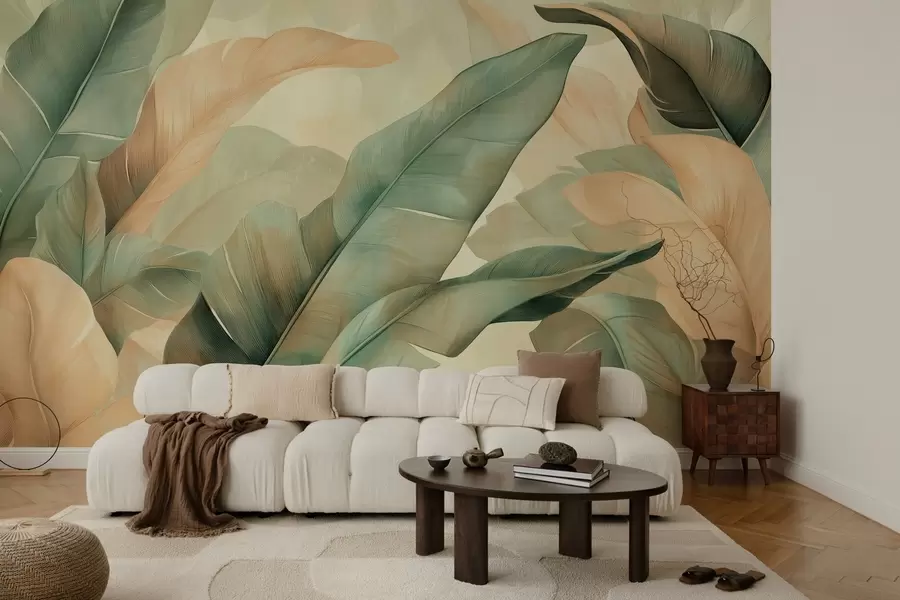 wall murals велико тропско лишће у нијансама зелене и брескве w03286