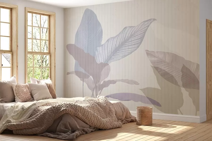 wall murals Мека ботаничка илустрација са великим провидним листовима пастелних нијанси на текстурираној позадини w03323