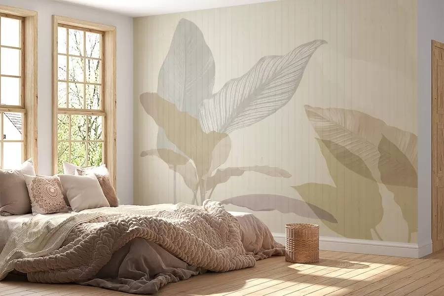 wall murals Мека ботаничка илустрација са великим провидним листовима пастелних нијанси на текстурираној позадини w03323v2