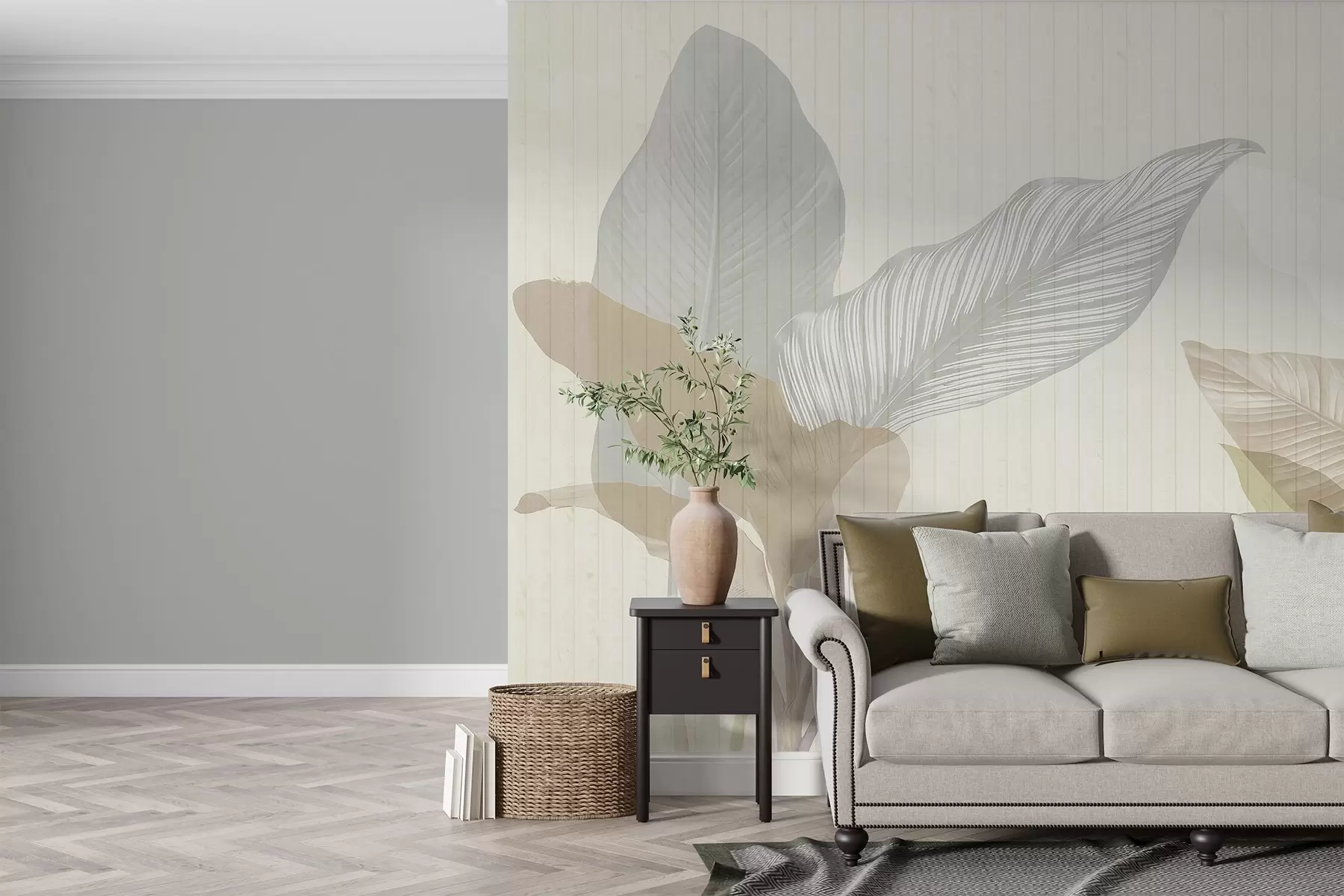 wall murals Мека ботаничка илустрација са великим провидним листовима пастелних нијанси на текстурираној позадини w03323v2