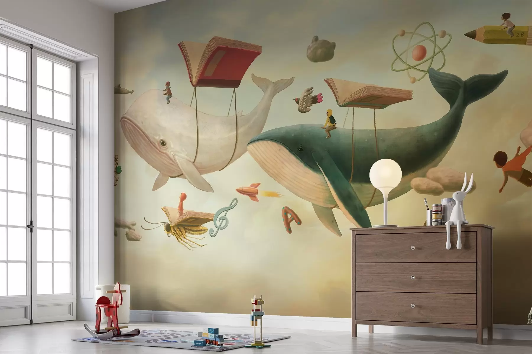 wall murals Необична илустрација китова који лете небом испод балона у облику књиге w03327v1