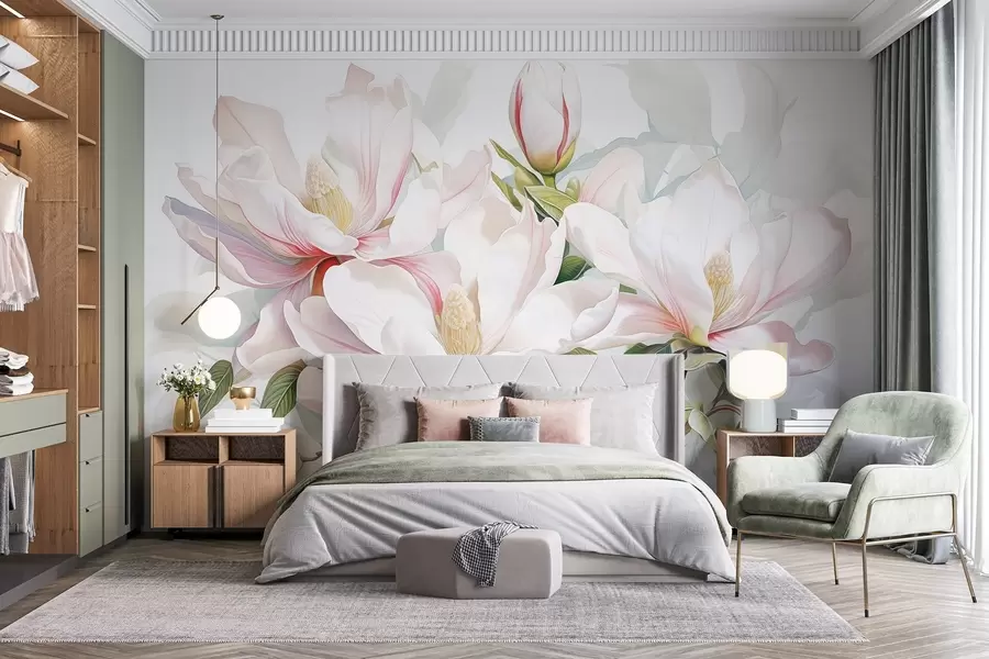 wall murals Цвеће магнолије са белим и ружичастим латицама, листовима и браон гранама, меког и деликатног стила акварела w08885