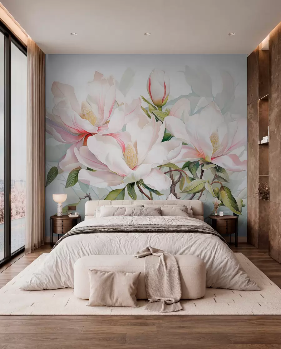 wall murals Цвеће магнолије са белим и ружичастим латицама, листовима и браон гранама, меког и деликатног стила акварела w08885