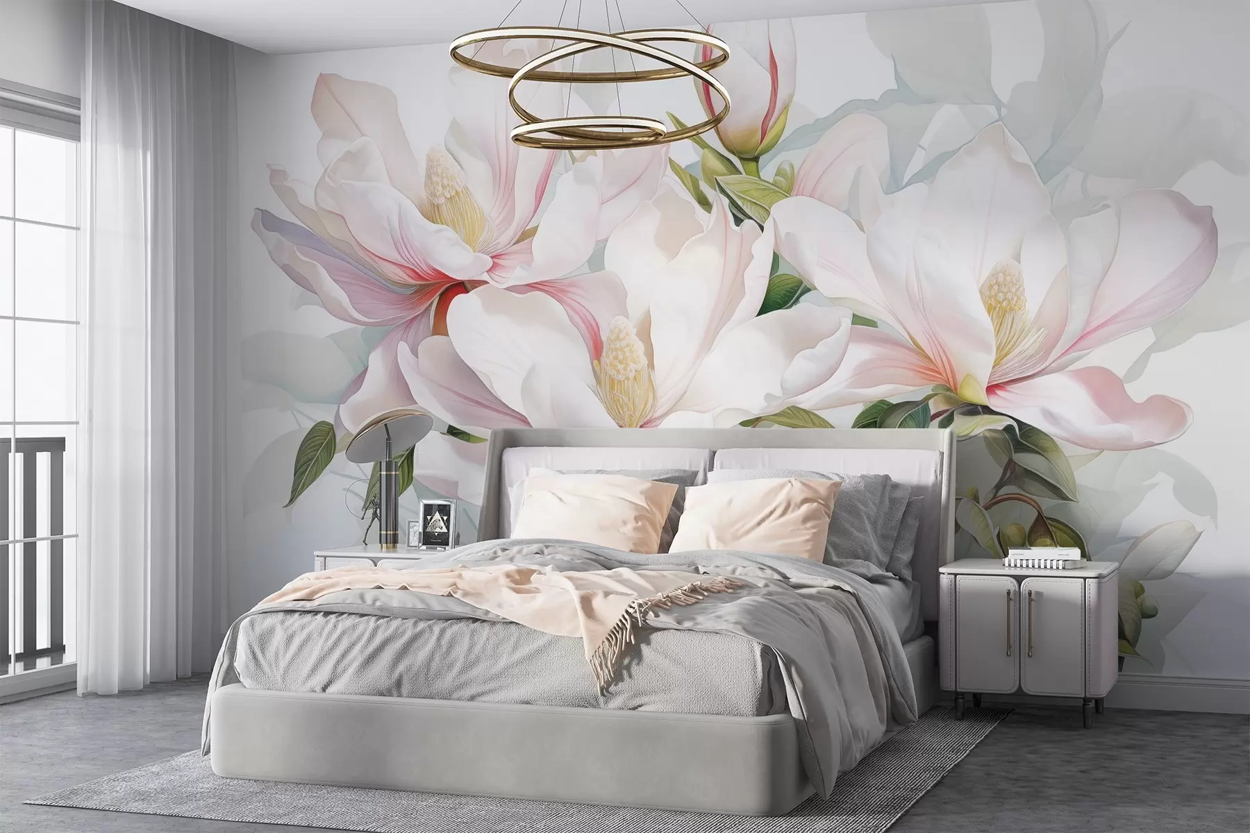 wall murals Цвеће магнолије са белим и ружичастим латицама, листовима и браон гранама, меког и деликатног стила акварела w08885