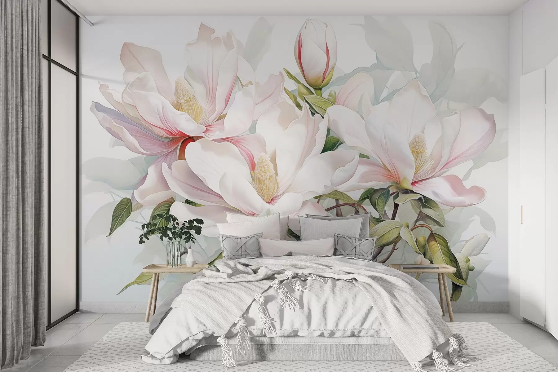 wall murals Цвеће магнолије са белим и ружичастим латицама, листовима и браон гранама, меког и деликатног стила акварела w08885