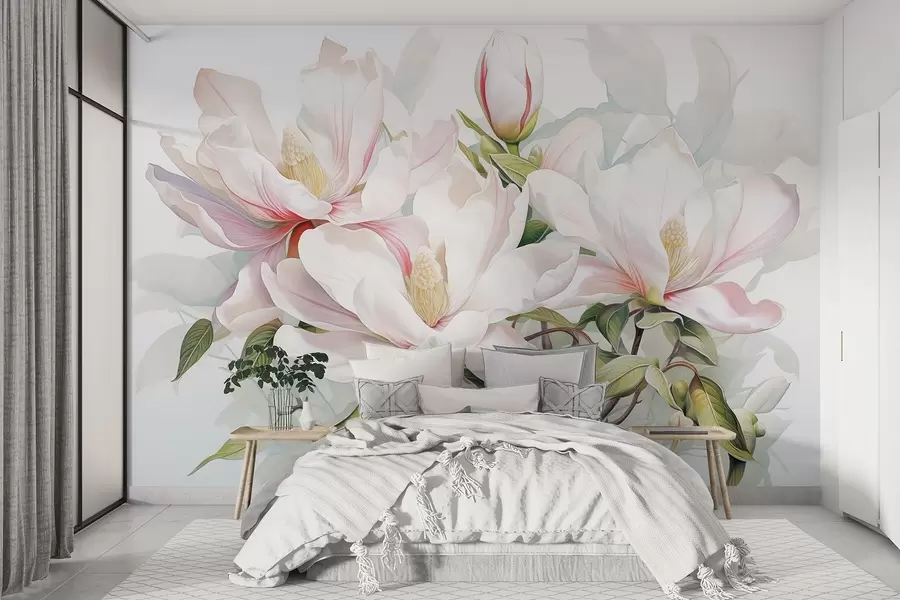 wall murals Цвеће магнолије са белим и ружичастим латицама, листовима и браон гранама, меког и деликатног стила акварела w08885