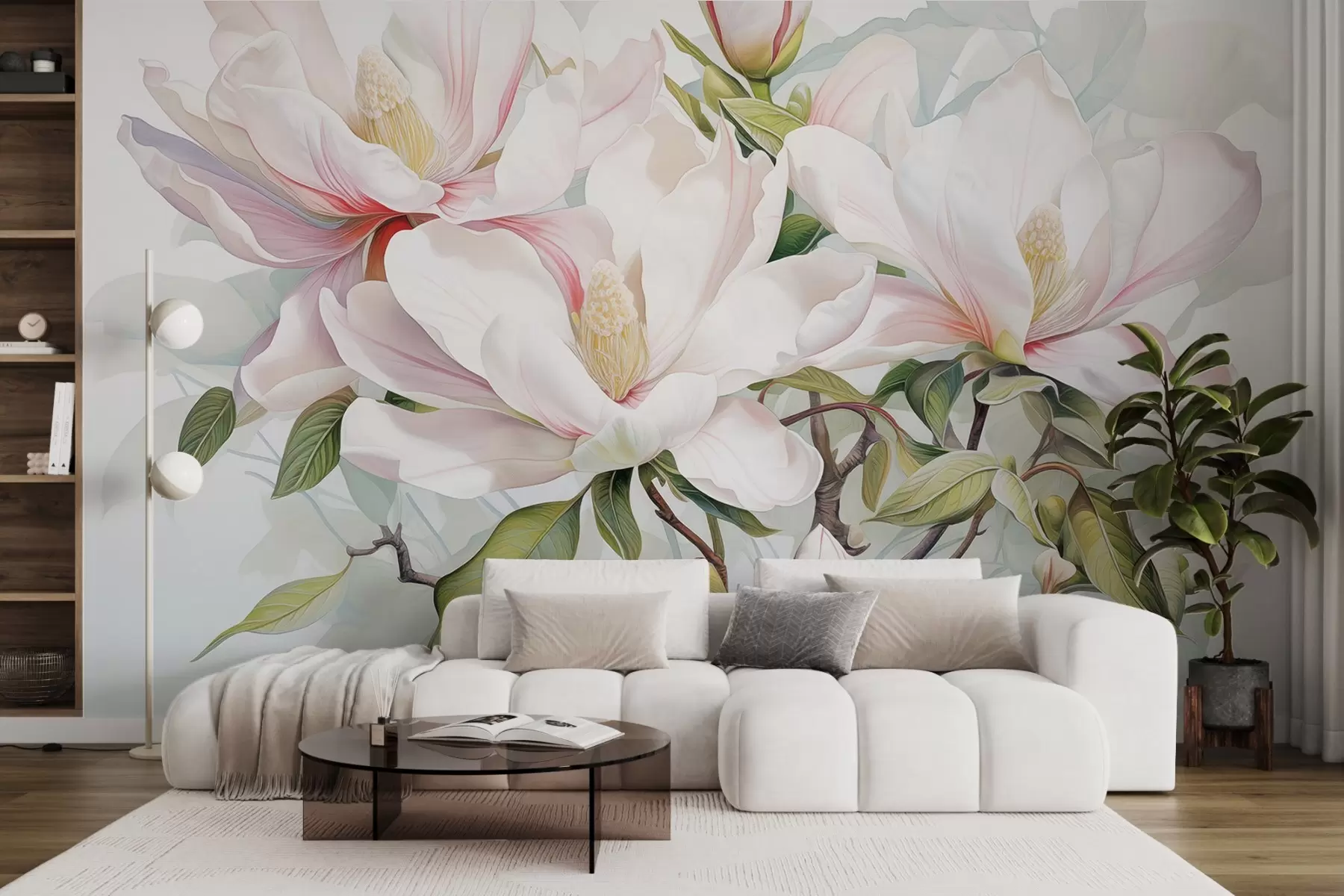 wall murals Цвеће магнолије са белим и ружичастим латицама, листовима и браон гранама, меког и деликатног стила акварела w08885