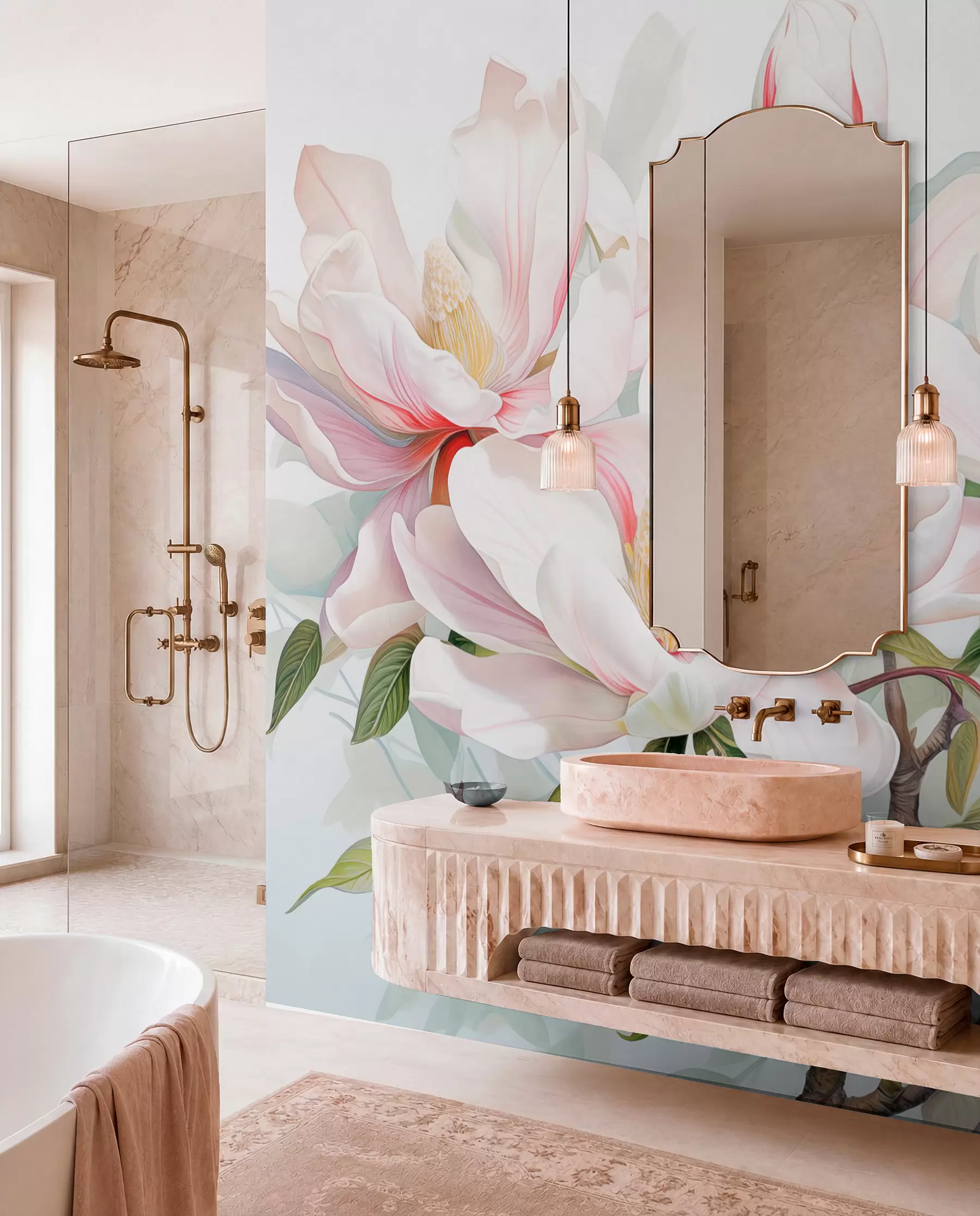 wall murals Цвеће магнолије са белим и ружичастим латицама, листовима и браон гранама, меког и деликатног стила акварела w08885