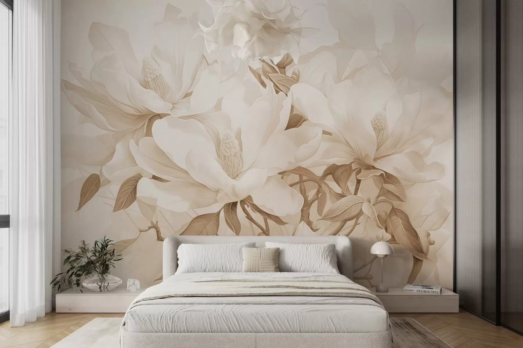 wall murals Цвеће магнолије са белим и беж латицама, листовима и браон гранама, меког и деликатног стила акварела w08886