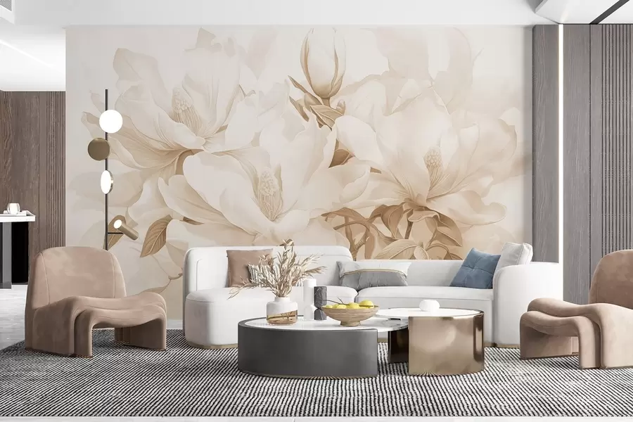 wall murals Цвеће магнолије са белим и беж латицама, листовима и браон гранама, меког и деликатног стила акварела w08886