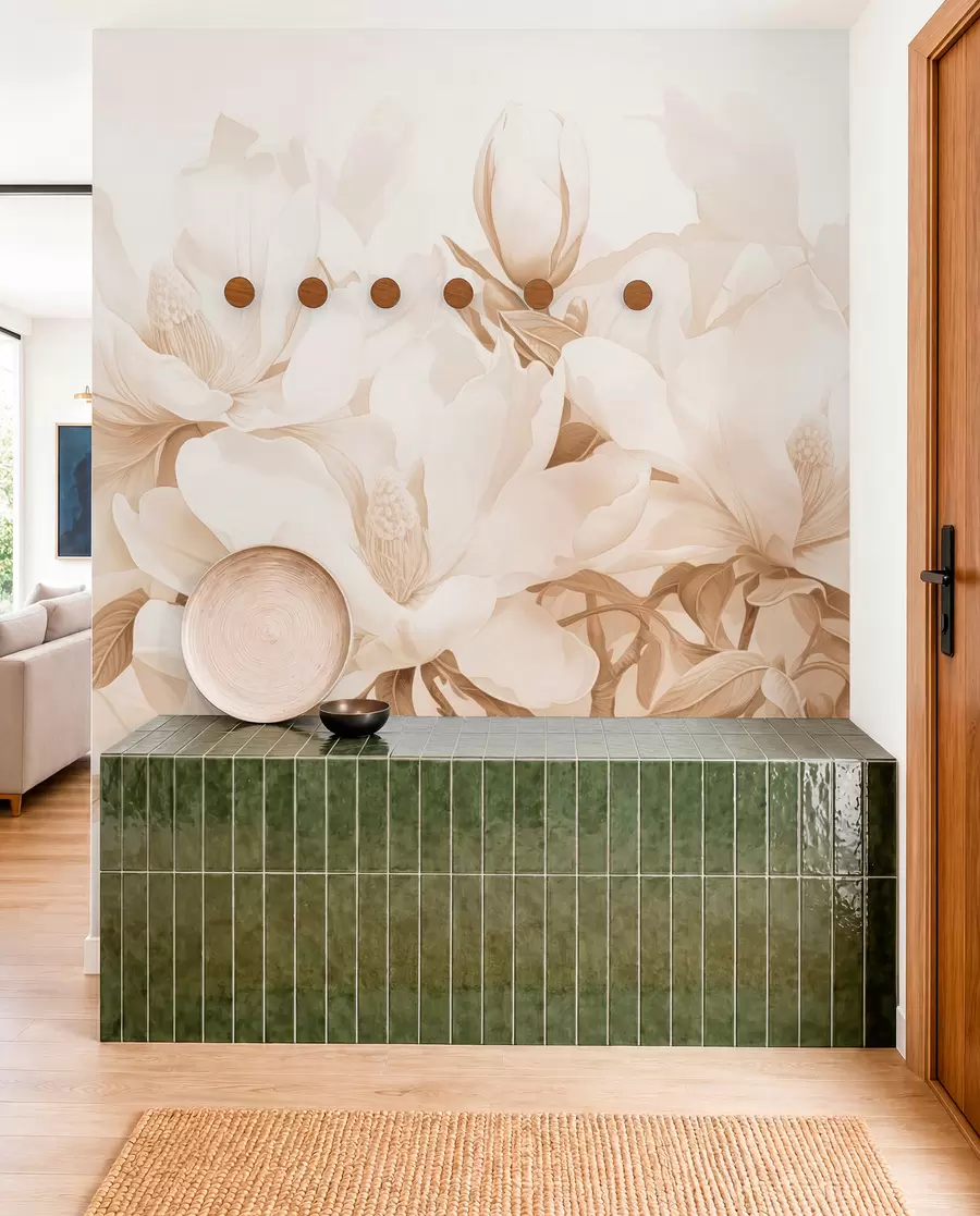 wall murals Цвеће магнолије са белим и беж латицама, листовима и браон гранама, меког и деликатног стила акварела w08886
