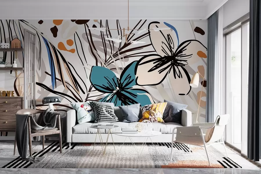 wall murals Модерна апстрактна штампа са тропским палминим листовима, плавим и беж цвећем, црним линијама, светлом позадином w08889