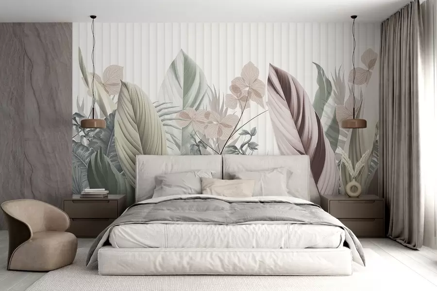 wall murals Тропско лишће меких пастелних боја, светло зелене, светло розе и светло браон, вертикалне линије у позадини w08892