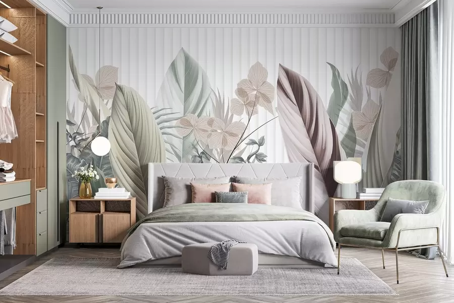 wall murals Тропско лишће меких пастелних боја, светло зелене, светло розе и светло браон, вертикалне линије у позадини w08892