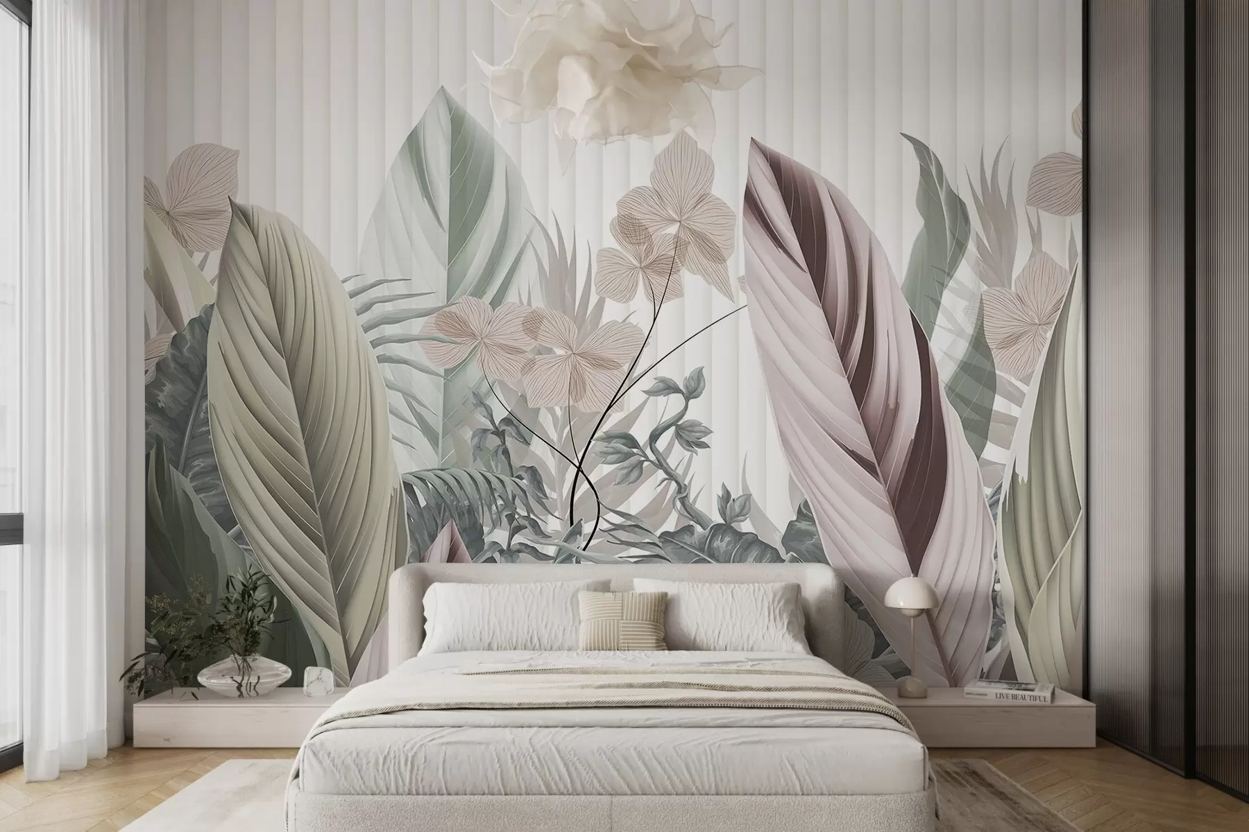 wall murals Тропско лишће меких пастелних боја, светло зелене, светло розе и светло браон, вертикалне линије у позадини w08892