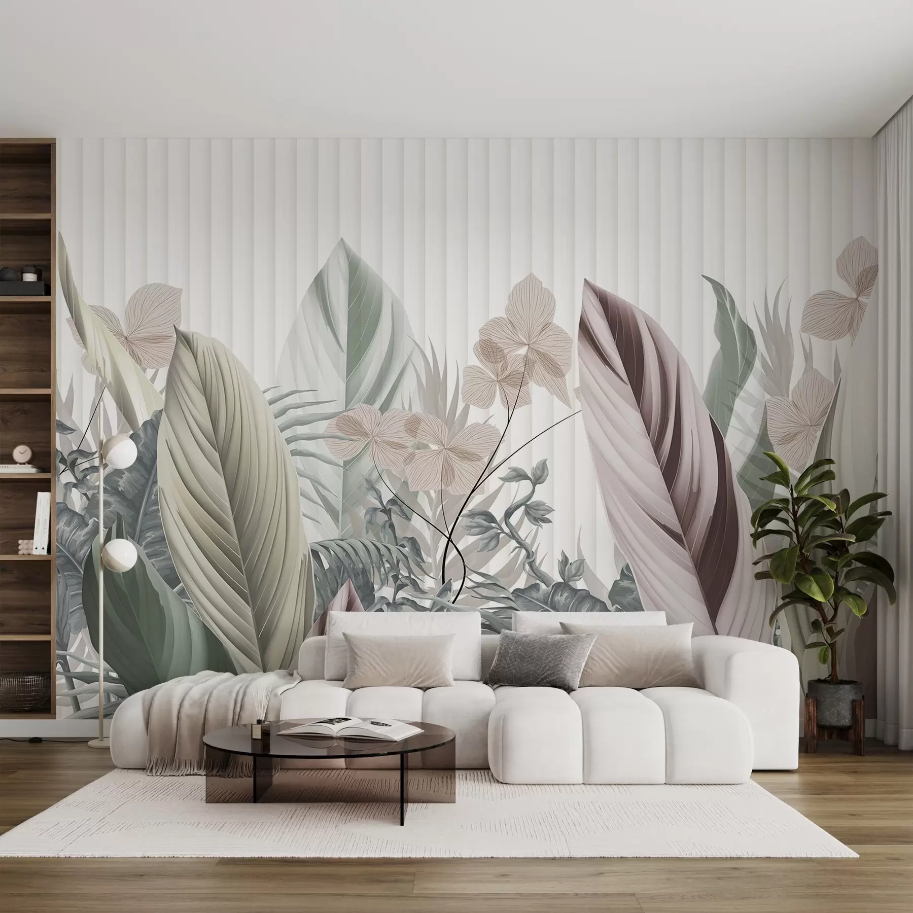 wall murals Тропско лишће меких пастелних боја, светло зелене, светло розе и светло браон, вертикалне линије у позадини w08892