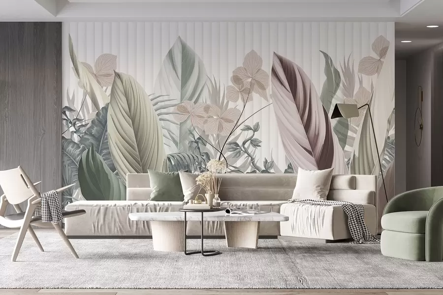 wall murals Тропско лишће меких пастелних боја, светло зелене, светло розе и светло браон, вертикалне линије у позадини w08892