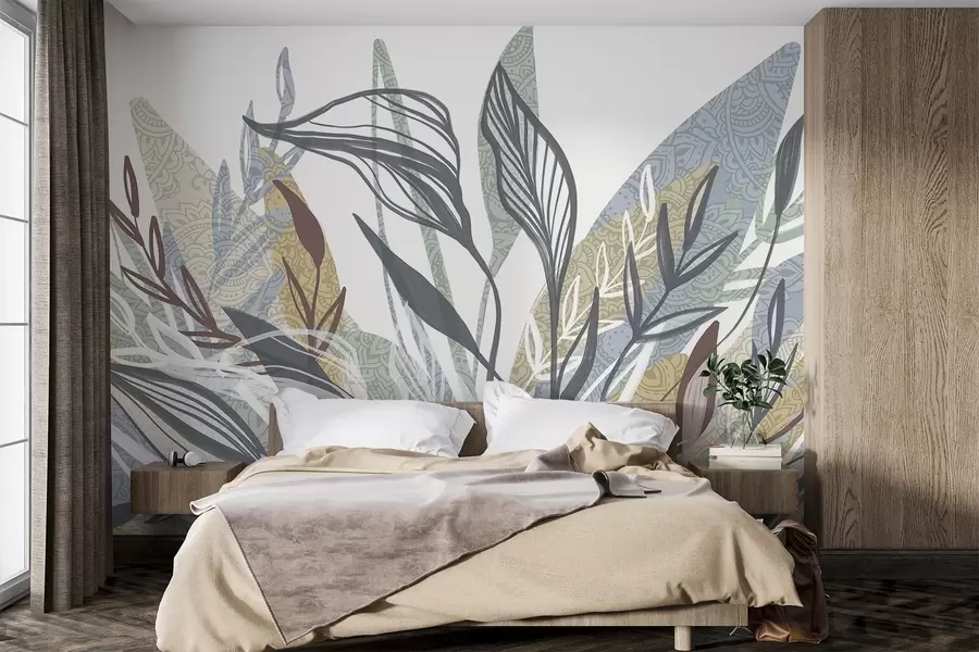 wall murals Колекција листова различитих боја и величина, од којих неки имају линијску уметност, на белој позадини w08893