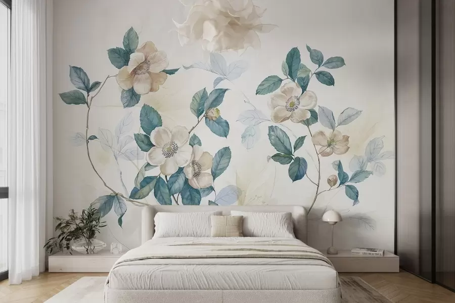 wall murals Цвеће у деликатном стилу акварела са белим и беж латицама и зеленим листовима на грани, светла позадина  w08895