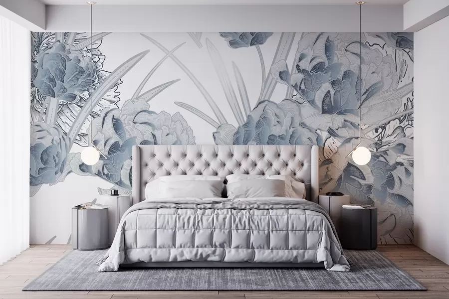 wall murals Плави божури са листовима на белој позадини, цветни дизајн, ботаничка илустрација  w08896