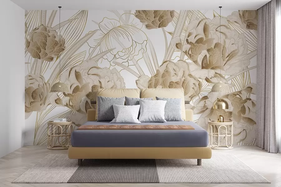wall murals Беж божури са листовима на белој позадини, цветни дизајн, ботаничка илустрација  w08897