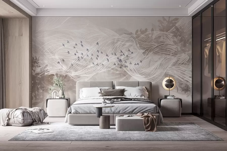 wall murals Јато птица које лети преко апстрактне линије, пејзажне текстуре беж таласа, нежне боје, минималистички дизајн  w08898